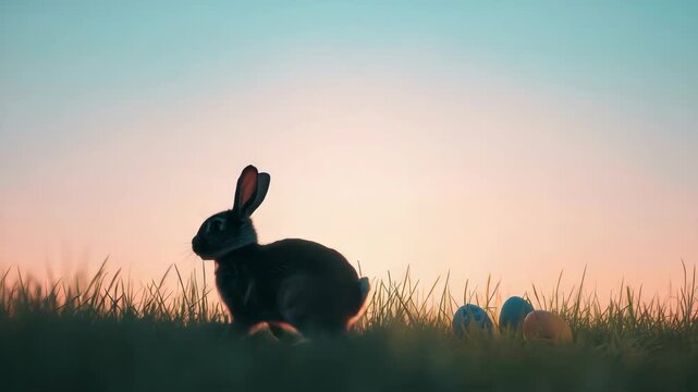 Pastel sunrise rabbit silhouette grassy field with colorful easter egg accents evoking gentle
