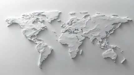 Obraz premium embossed white world map with textured topographic relief on a minimalist light grey background, calm serene modern decorative wall art