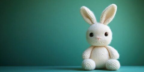 Obraz premium cream crocheted bunny toy with large dark eyes sitting on a teal surface against a soft teal background, evoking a cute and cozy feeling