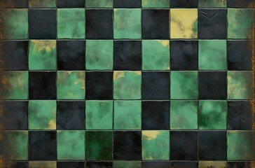 weathered green and dark square ceramic tiles in a worn checkerboard pattern with rusty edges and moody vintage patina