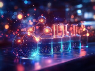 glowing molecular model beside a row of glass flasks and vials filled with blue liquid on a futuristic lab bench, warm sparks and bokeh lights conveying curiosity and wonder