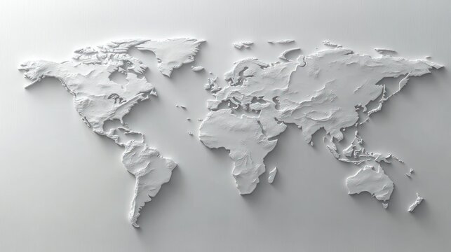embossed white world map with textured topographic relief on a minimalist light grey background, calm serene modern decorative wall art