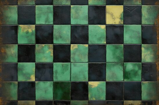 weathered green and dark square ceramic tiles in a worn checkerboard pattern with rusty edges and moody vintage patina - Powered by Adobe