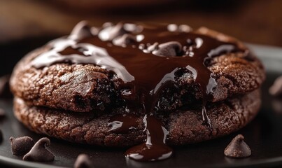 Close-up of stacked double chocolate cookies with gooey molten chocolate center and glossy chocolate sauce dripping over chocolate chips, indulgent and mouthwatering