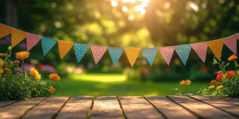 Sunlit wooden deck with colorful pennant bunting and blooming orange and yellow flowers in a warm, inviting garden party scene