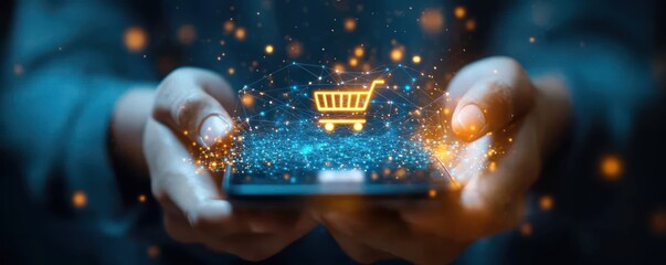Hands holding smartphone projecting a glowing holographic shopping cart and interconnected digital network with blue and orange lights, conveying futuristic convenience and excitement