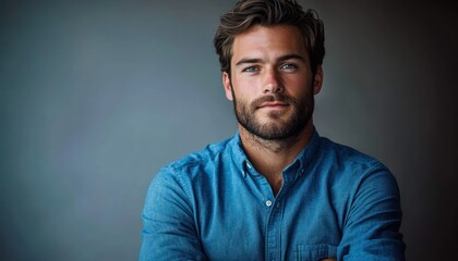 Obraz premium Confident man in a blue button-down shirt standing with folded arms against a neutral gray studio backdrop, calm and approachable casual portrait