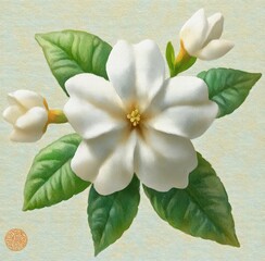 Naklejka premium white gardenia bloom with three buds and glossy green leaves on a soft pastel textured background, serene and delicate
