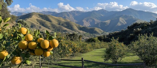 Lush Orange Grove with Rolling Hills and Mountains