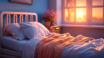 Cozy bedroom with soft peach blanket and warm sunset light
