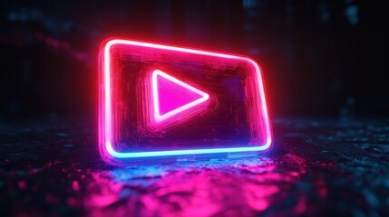 neon glowing play icon on wet reflective surface in a dark urban scene, vibrant pink and blue lights, futuristic moody and energetic atmosphere
