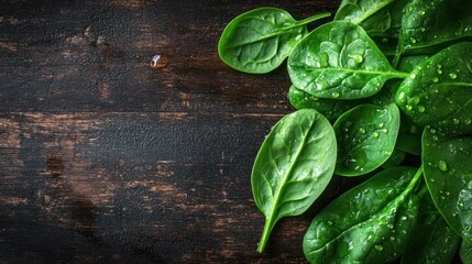 Fresh Spinach Leaves with Water Droplets on Dark Wood