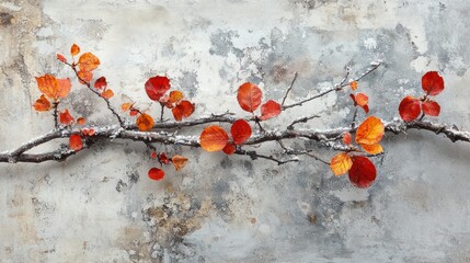 Autumn Leaves on Snowy Branch Against Textured Background