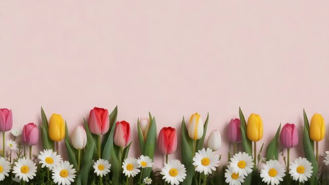 Colorful tulip and daisy border with soft pink background conveying cheerful spring flower mood