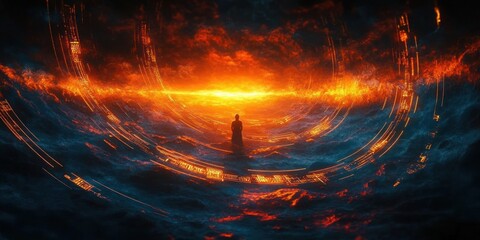 Solitary silhouette standing on stormy dark clouds facing a glowing fiery ring portal with digital circuitry and molten light, evoking awe, solitude and cosmic mystery