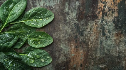 Fresh Spinach Leaves with Water Droplets on Rustic Wood