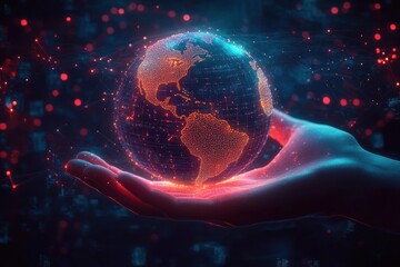 Human hand cradling a glowing holographic earth with neon network nodes and particles, evoking wonder and responsibility