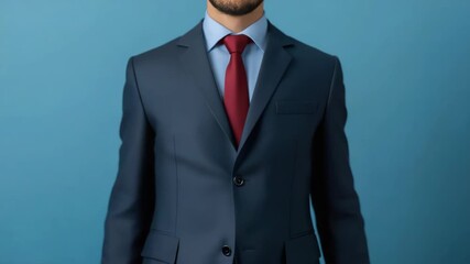 Man suit holding blank paper with confident posture neutral blue business hands document paper suit