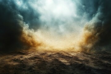Fototapeta premium Barren textured terrain beneath swirling storm clouds and golden dust with distant light, dramatic ominous and eerie atmosphere