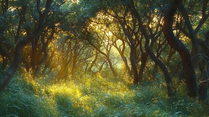 sunlit woodland with twisting tree trunks and golden sunbeams filtering through a dense canopy onto lush grassy undergrowth, evoking a peaceful and enchanting atmosphere
