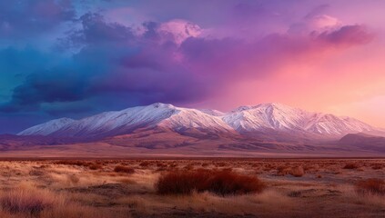 A breathtaking panorama of a mountain range bathed in the vibrant hues of a dramatic sunset.
