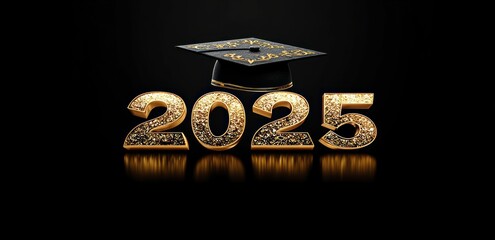 gold glitter 2025 numerals with reflective surface topped by a black mortarboard graduation cap with gold embroidery, elegant celebratory and proud graduation motif
