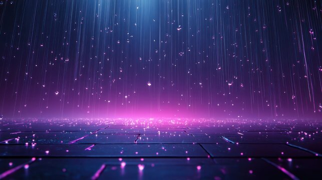 Futuristic neon rain of glowing droplets and vertical light streaks over a reflective tiled floor with purple and blue horizon glow, serene and mysterious atmosphere