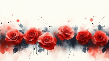row of six red watercolor roses with dark leaves, ink splatters and dripping paint creating a romantic dreamy floral composition
