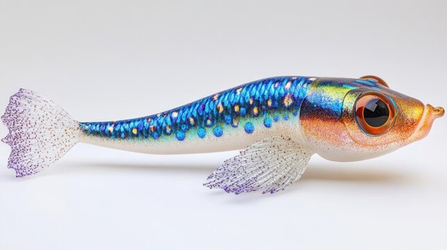 vibrant iridescent soft plastic fishing lure shaped like a small baitfish with oversized orange eye and translucent glitter fins on a clean white background, playful and eye-catching