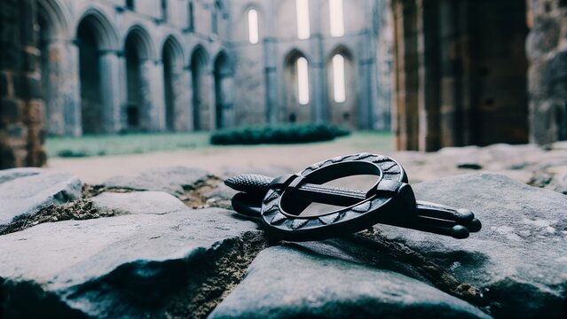 A gothic cloak clasp set with raw nuummite deep black shimmer weathered iron setting medieval ruin backdrop ghostly atmosphere ancient relic jewelry cinematic low light