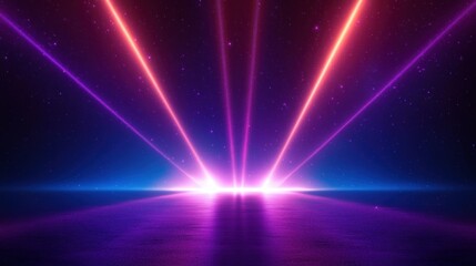 Vibrant neon laser beams rise from a glowing horizon over calm reflective water beneath a starry purple and blue sky, evoking futuristic awe and serene wonder