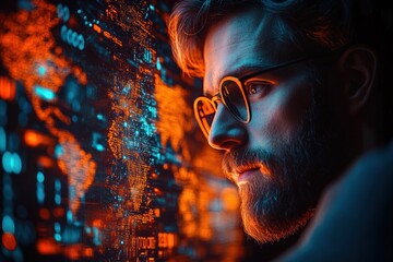 side profile of a person intently studying a glowing digital world map with streaming data points in blue and orange, conveying focus and futuristic concentration