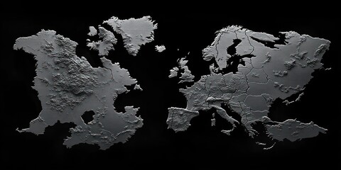 Two embossed metallic relief maps side by side showing europe with country borders and a fictional continent with rugged coastlines and mountains, moody dramatic lighting and mysterious tone