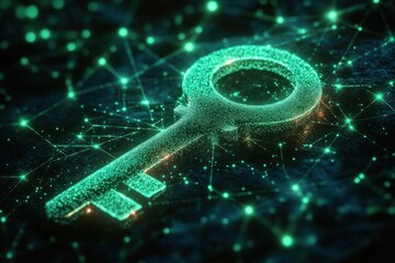 glowing digital key composed of particles above interconnected network nodes, conveying a futuristic secure and mysterious atmosphere