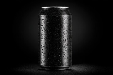 Black soda can with water droplets on dark background 1