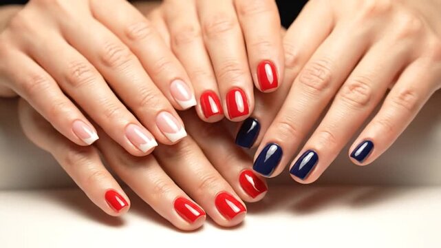 Meticulously manicured hands showcase a sophisticated nail art design in red, white, and navy