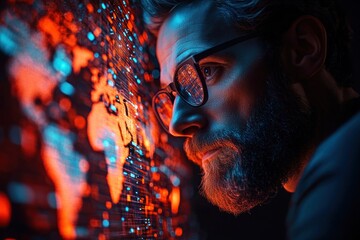 bearded man silhouette studying a glowing digital world map with red and blue data lights and streaming nodes, intense focused curiosity