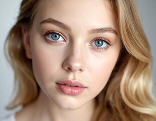 Naklejka premium Beautiful young woman with blue eyes and blonde hair in soft natural lighting on a clean white background for beauty advertising