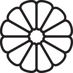 Black outline of a stylized flower or sun with twelve petals black and white graphic