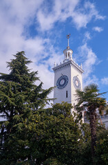 The clock tower of Sochi railway station. Sochi. Krasnodar Krai. Russia