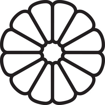 Black outline of a stylized flower or sun with twelve petals black and white graphic
