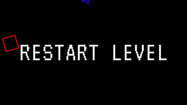 Pixel art 'RESTART LEVEL' display with moving blue star and red square on dark background. Retro arcade game with text animated in 4K video.