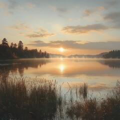 Obraz premium Golden sunrise over a misty lake with reeds in the foreground and tree-lined shore reflecting on calm water, peaceful and serene morning