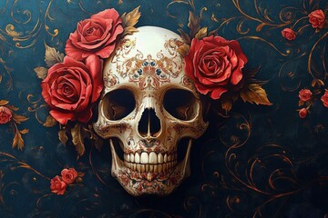 ornate vintage floral composition with large red roses, gold leaves and swirling filigree around a decorative porcelain plate, romantic elegant mood