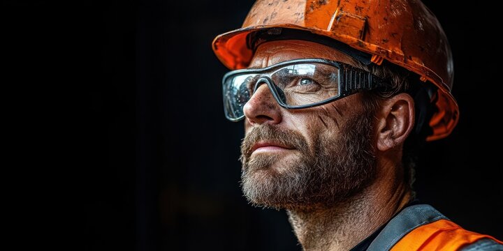 Side-profile construction worker wearing an orange hard hat, safety glasses and high-visibility jacket, stubble beard, serious focused expression against dark background with dramatic lighting
