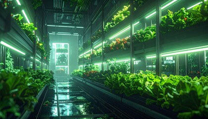 Futuristic vertical farm with rows of vibrant green plants under bright LED lights in a modern indoor agricultural setting