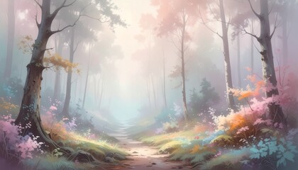 Enchanting misty forest path bathed in soft pastel light, evoking a sense of serene beauty and mystical allure
