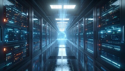 Illuminated modern data center corridor with numerous server racks and abstract glowing blue light, symbolizing powerful digital infrastructure, secure network operations, and advanced computing