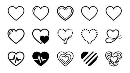 A diverse collection of black and white heart icons showcasing various styles and designs