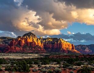 Scenic vista of reddish mountain range under dramatic, cloudy sky